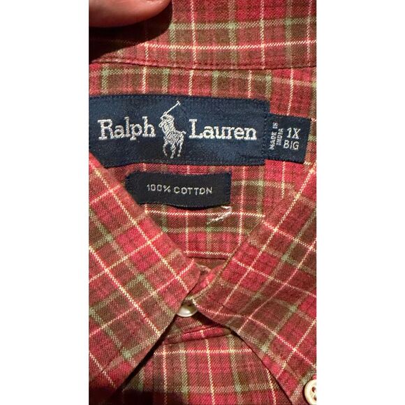 Ralph Lauren Men's 1X Big Red Green Plaid Cotton Button Front Shirt - Picture 5 of 5